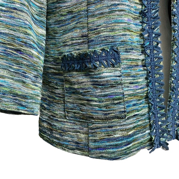 CHICO'S Knit Fringe Ronique Boho Jacket Open Blue Green Blazer Sz M (1) - Picture 4 of 8